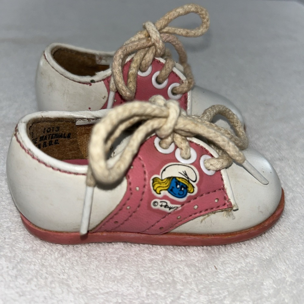RARE VINTAGE Smurf Baby Girl Saddle Shoes Pink & White Size 1 Smurfette 80's